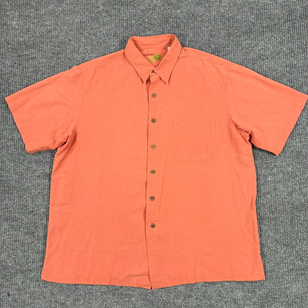 Caribbean Button Front Camp Shirt Mens Size XL Orange Silk Cotton Short Sleeve